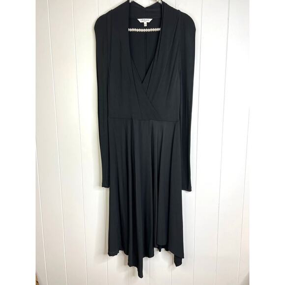 L.K.Bennett London Black Faux Wrap Asymmetrical Hem Long Sleeve Midi Dress SZ 10 - Picture 1 of 9